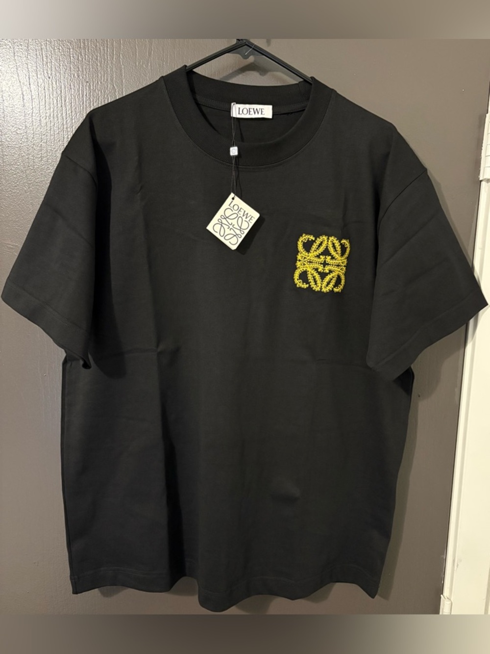 Loewe Black Short Sleeve Tee with Yellow Embroidered Anagram